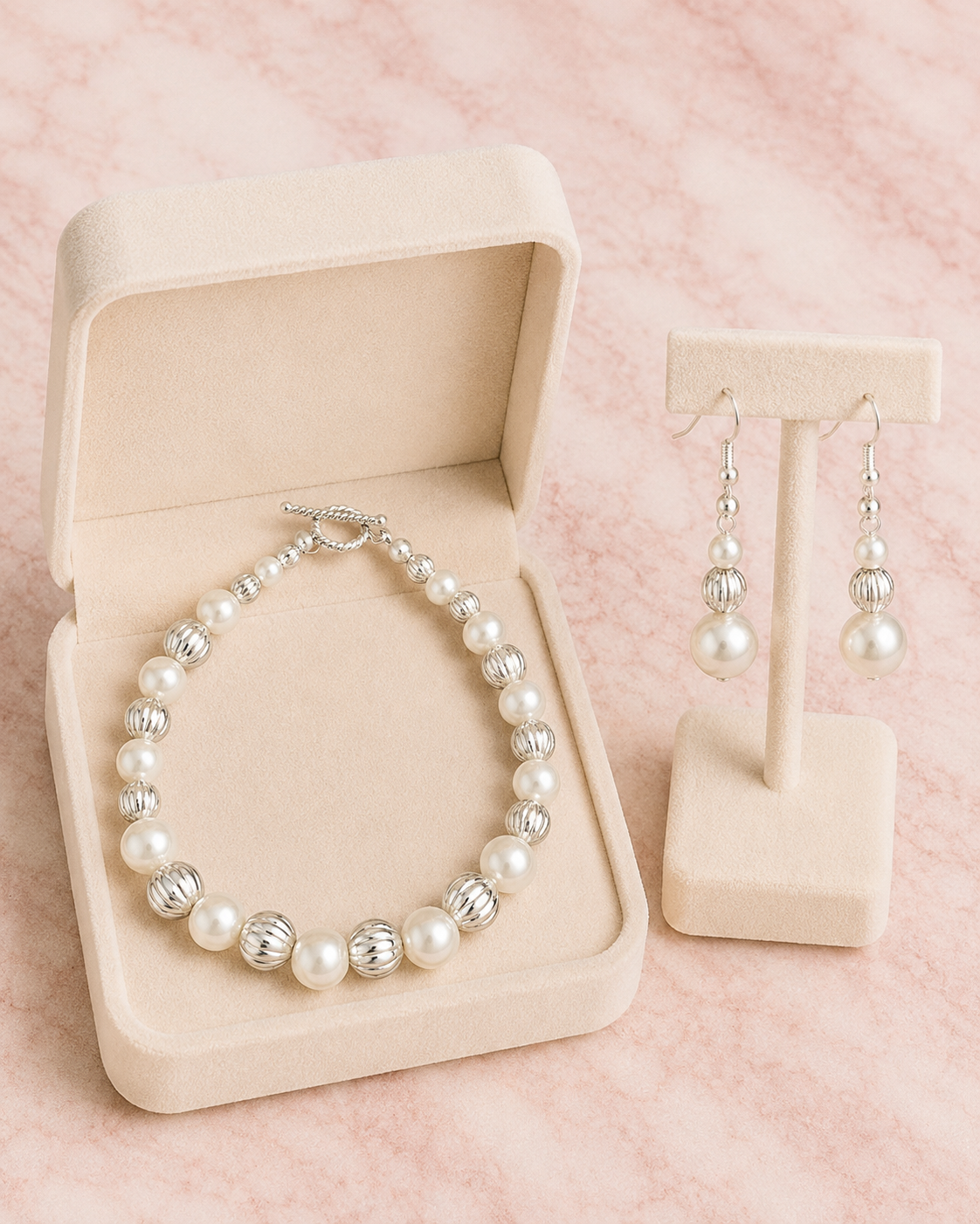 Pearl & Silver Ribbed Bead Bracelet & Earring Set