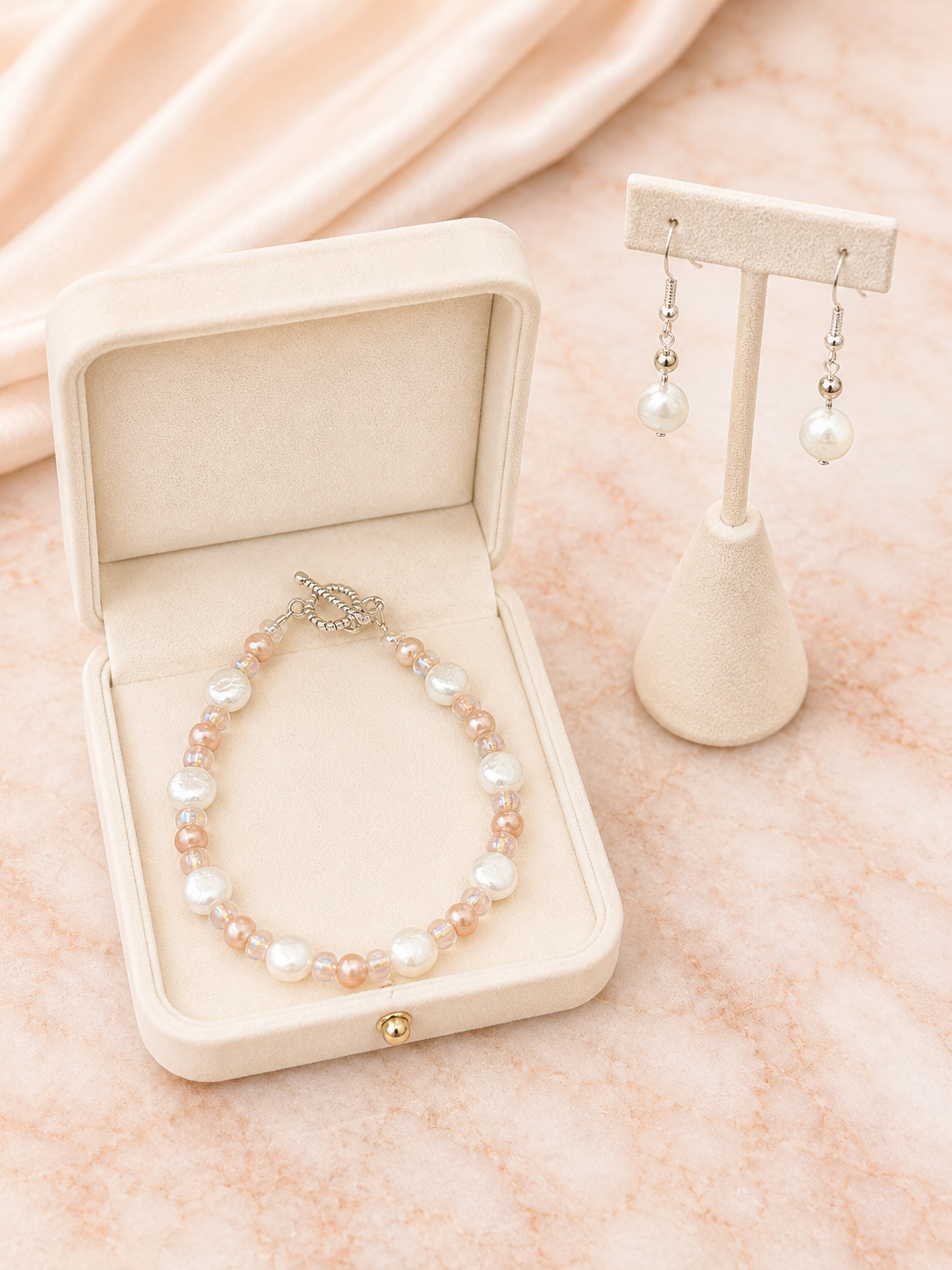 Soft Rose & Pearl-Inspired Glass Bead Bracelet + Earrings