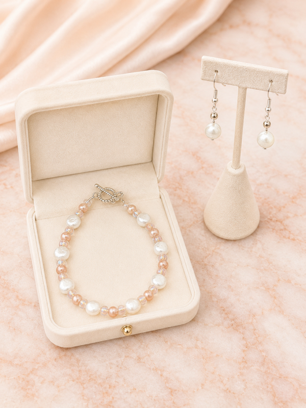 Soft Rose & Pearl-Inspired Glass Bead Bracelet + Earrings