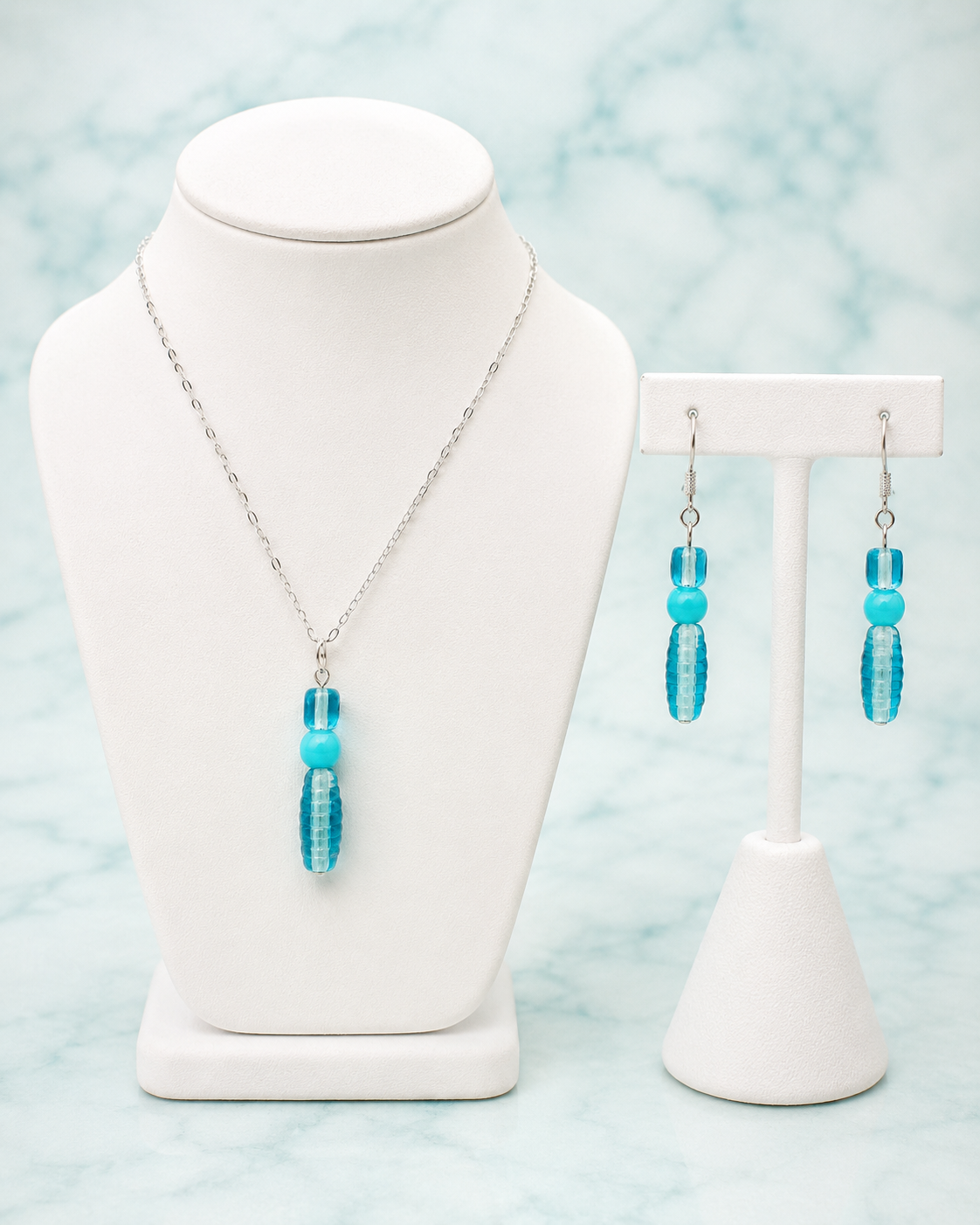 Coastal Aqua Glass Drop Necklace & Earring Set