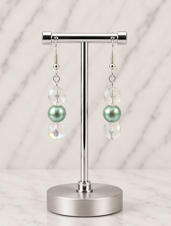 Light Green Pearl Bead & Clear Faceted Earrings