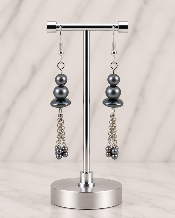 Gunmetal Gray Beads with Silver Chain Tassels