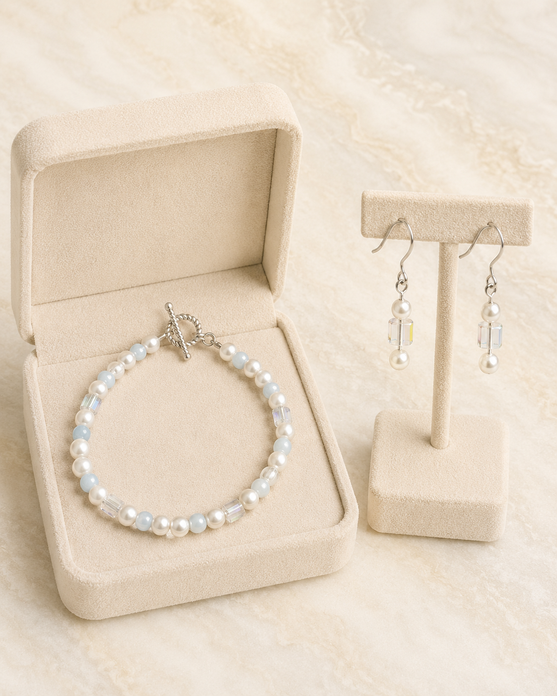 Soft Blue & Pearl Bead Bracelet + Earrings