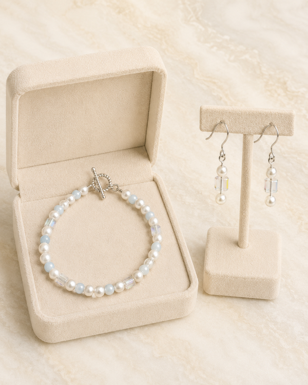 Soft Blue & Pearl Bead Bracelet + Earrings
