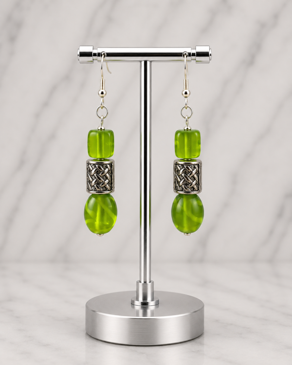 Lime Green Glass Bead Earrings with Silver Cylinder Accent