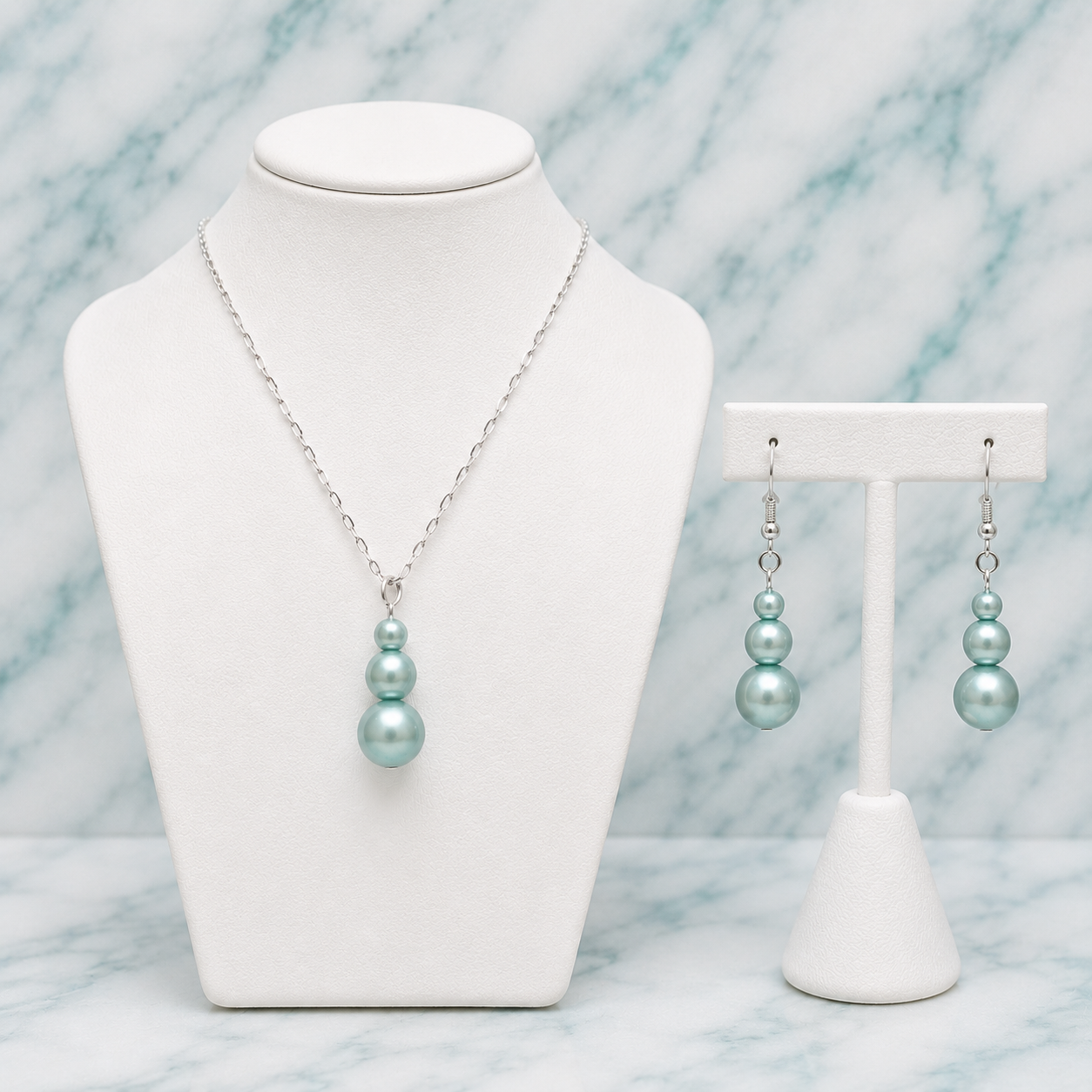 Light Blue Pearl Drop Necklace & Earrings Set