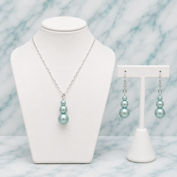 Light Blue Pearl Drop Necklace & Earrings Set