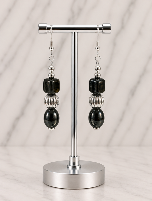 Black Metallic Bead & Silver Accent Earrings