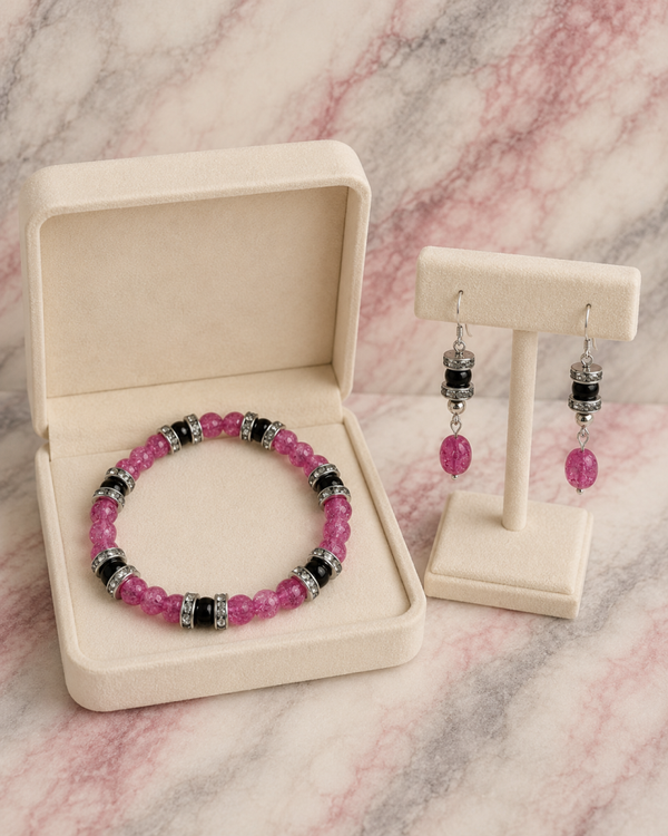 Hot Pink Crackle & Black Rhinestone Accent Set