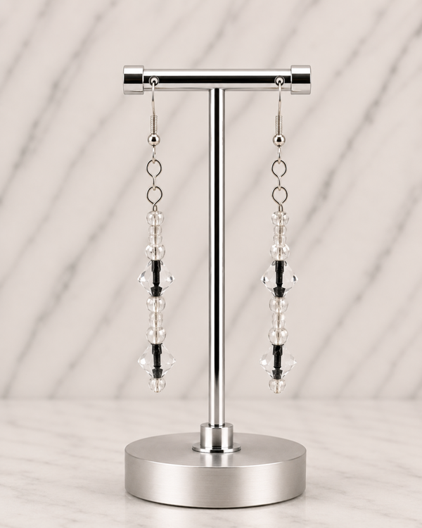 Long Clear & Black Bead Dangle Earrings