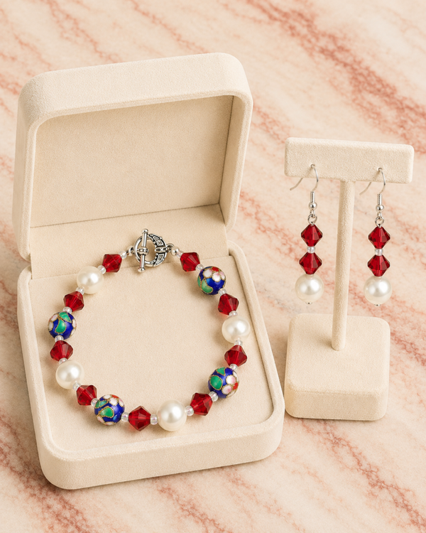 Red Crystal, Cloisonné & Pearl Bracelet & Earring Set