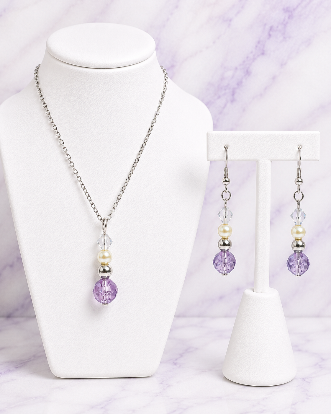 Lavender & Pearl Necklace & Earrings Set