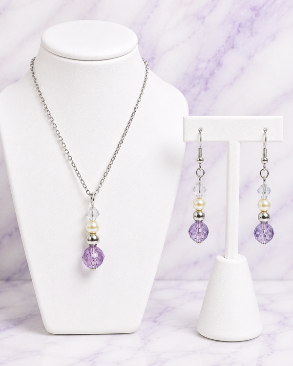 Lavender & Pearl Necklace & Earrings Set