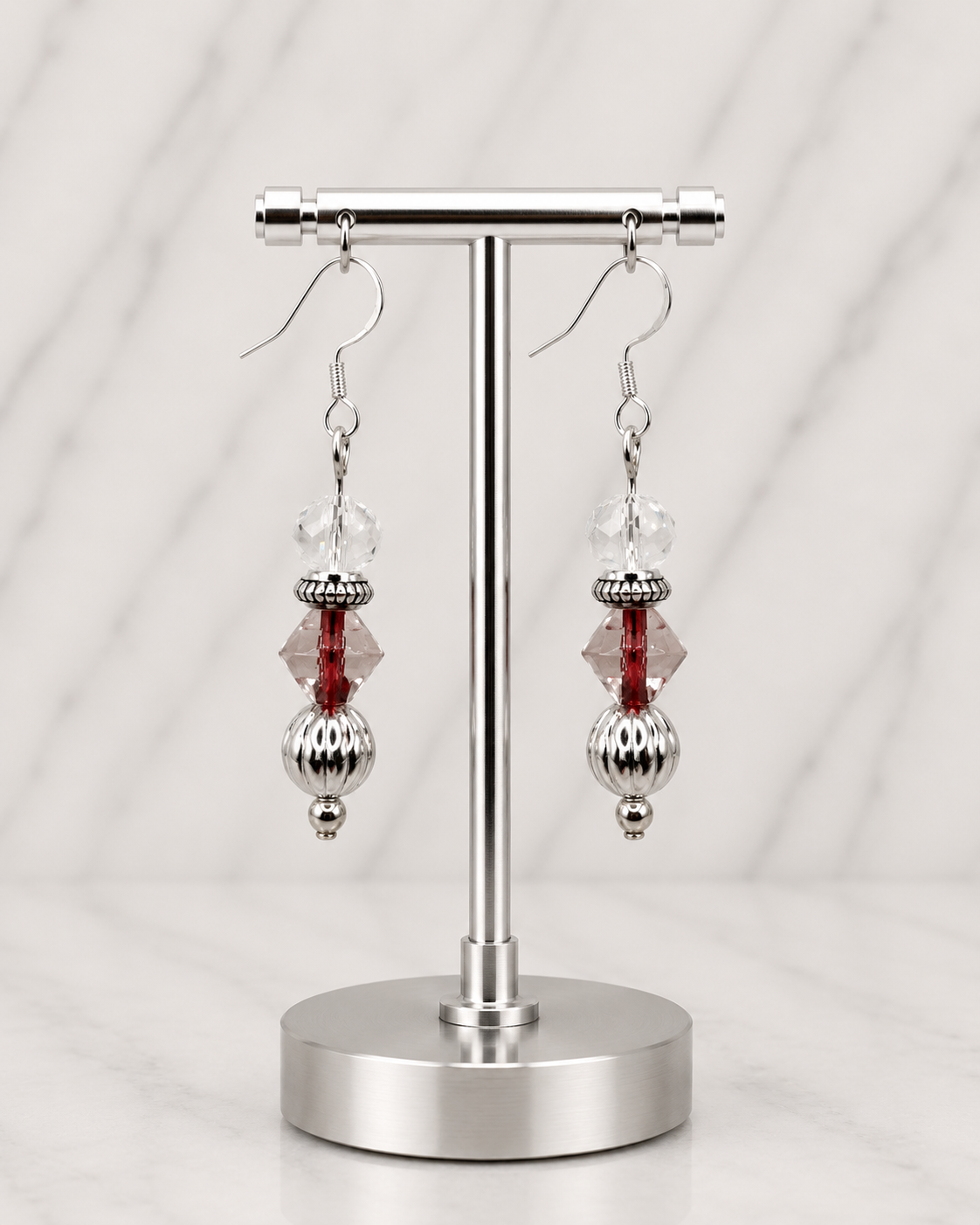Clear & Red Glass Layered Earrings