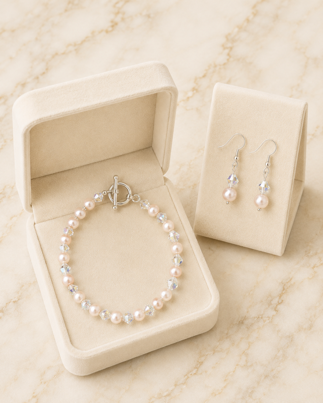 Soft Pink Pearl & Crystal Bracelet & Earring Set