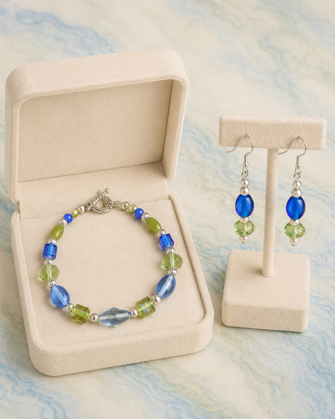 Sparkling Emerald Green & Blue Bead Bracelet & Earring Set