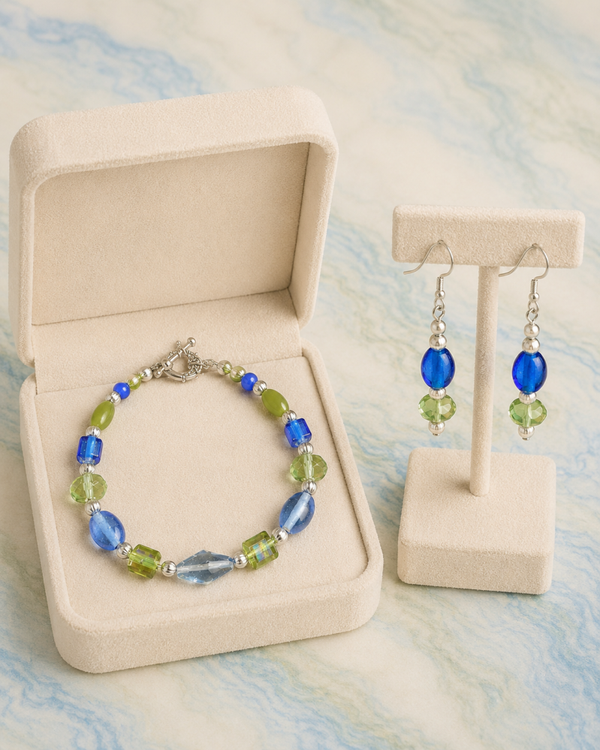 Sparkling Emerald Green & Blue Bead Bracelet & Earring Set