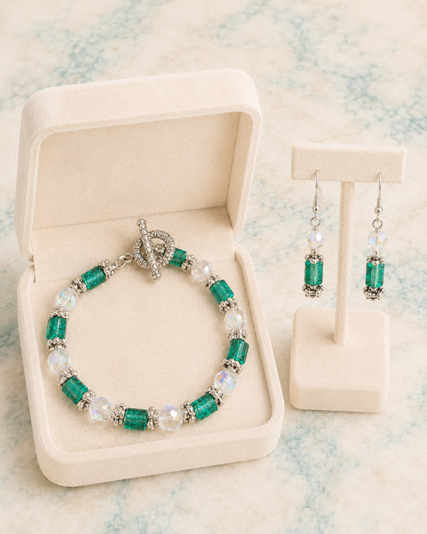 Sparkling Emerald Green & Crystal Glass Bead Bracelet & Earring Set