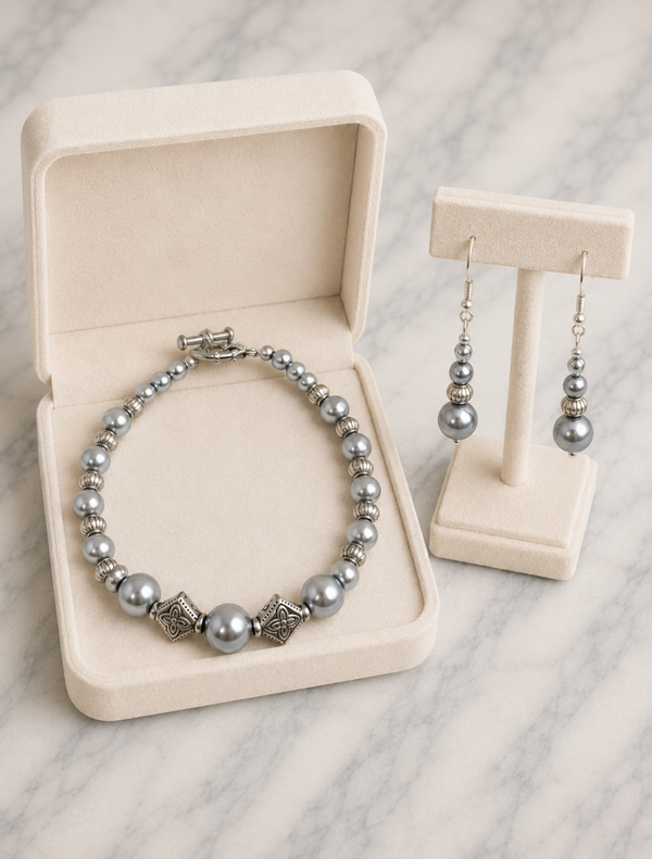 Silver Pearl Elegance Bracelet & Earring Set