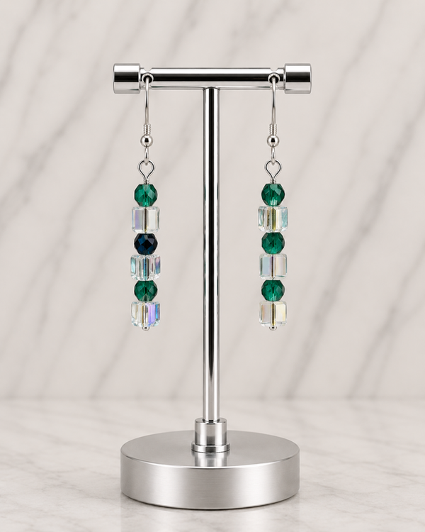 Green & Crystal Geometric Drop Earrings