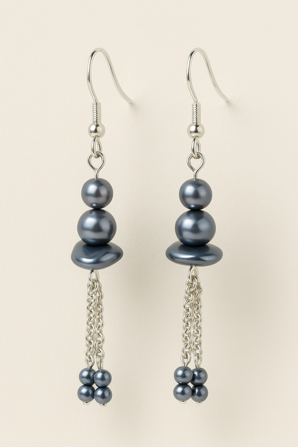 Gunmetal Gray Beads with Silver Chain Tassels