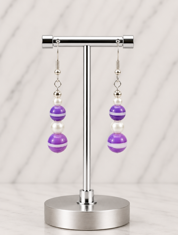 Purple Swirl & Pearl Beaded Dangle Earrings