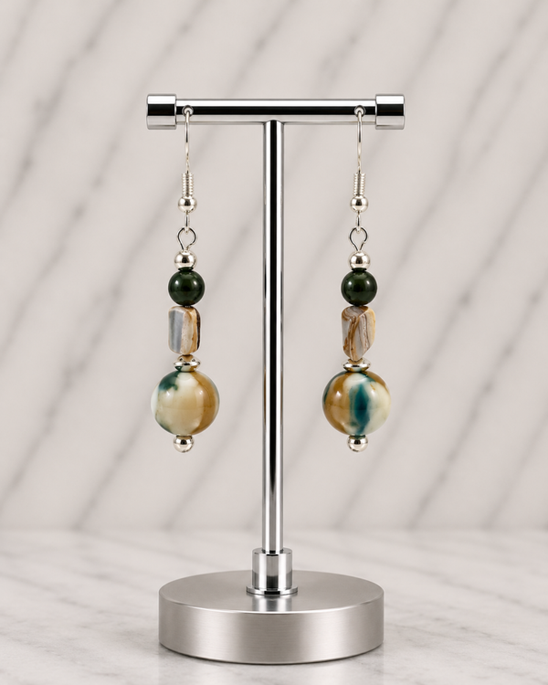 Earth Toned Green & Marbled Round Bead Earrings