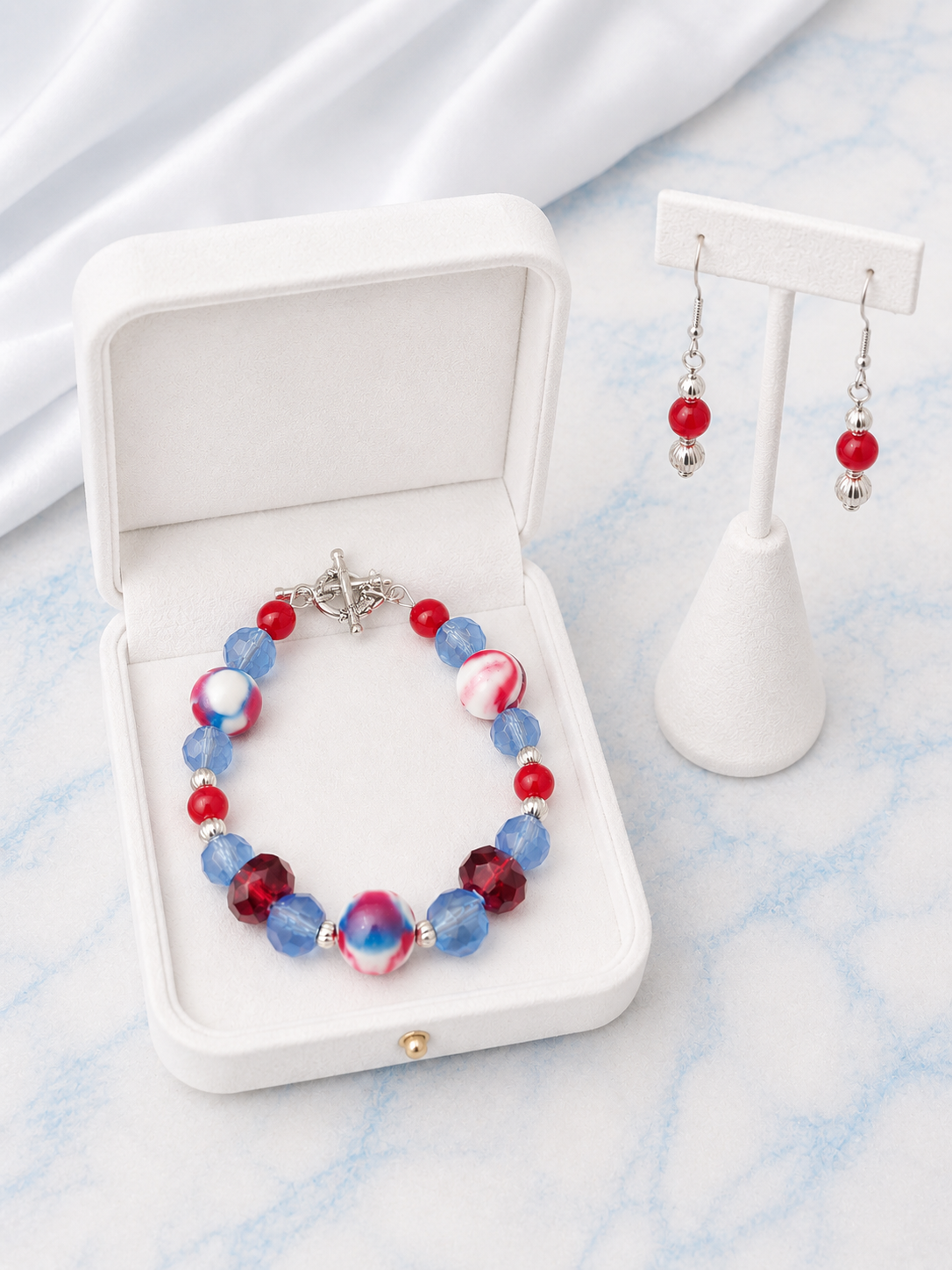 Red, White & Blue Swirl Glass Bead Bracelet + Earrings