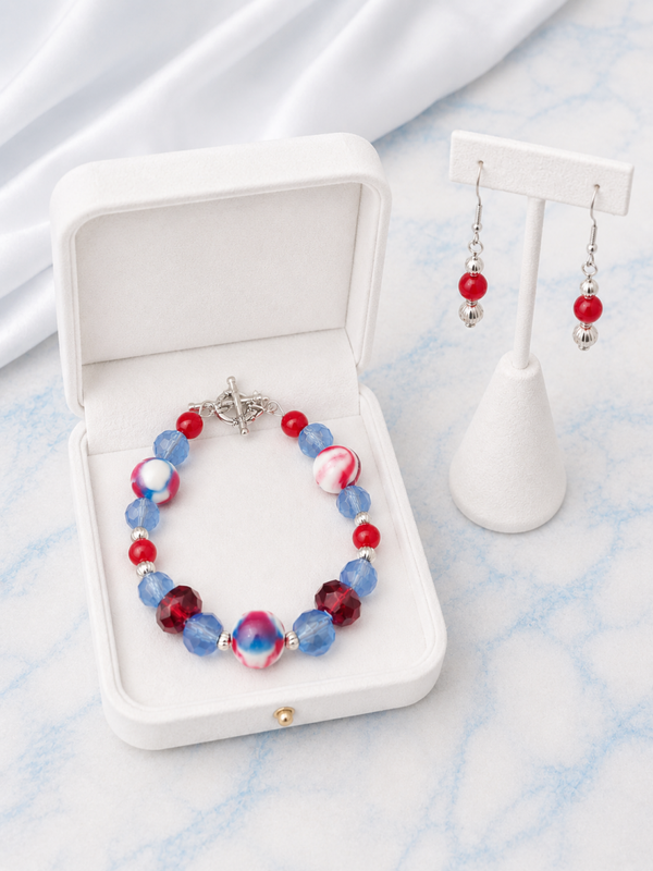 Red, White & Blue Swirl Glass Bead Bracelet + Earrings