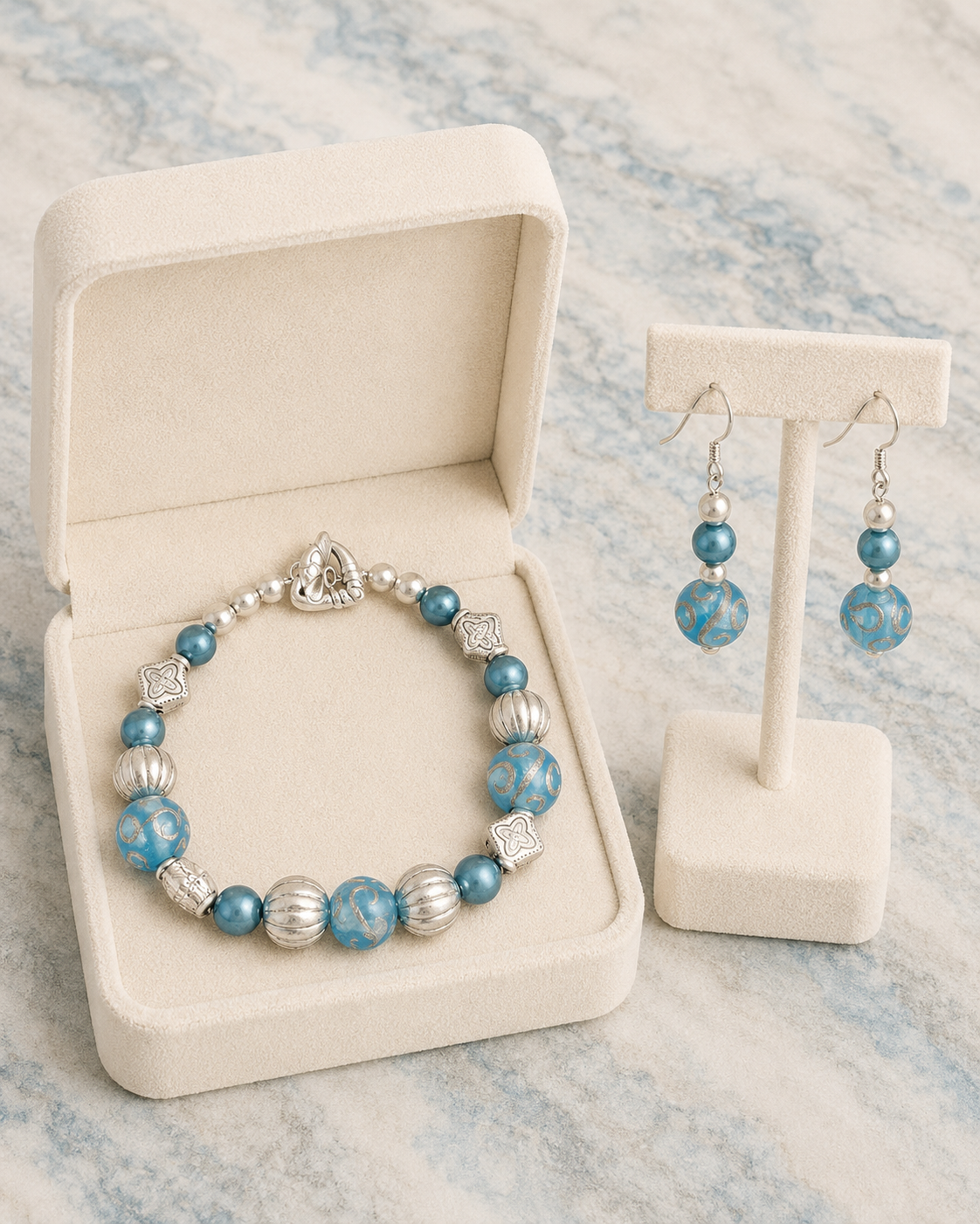 Blue Swirl Glass Bead Bracelet & Earring Set