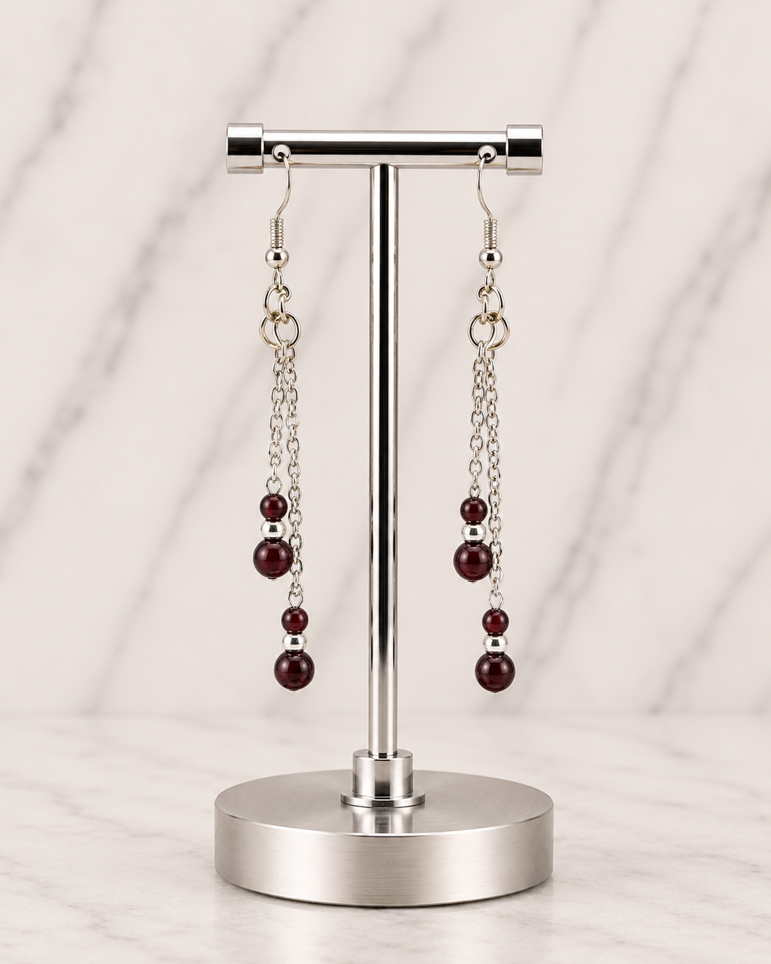 Burgundy Beaded Drop Chain Earrings