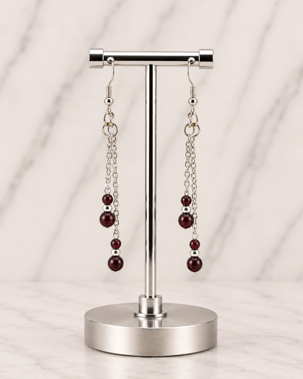 Burgundy Beaded Drop Chain Earrings