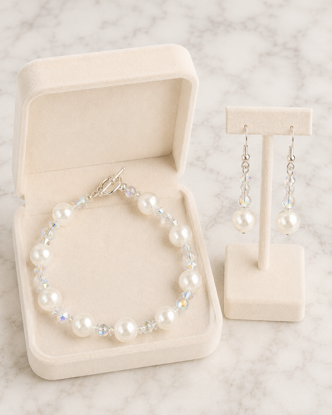 White Pearl and Iridescent Crystal Bracelet & Earring Set