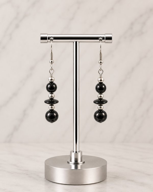 Glossy Black Glass Beads with Wide Disc Spacers