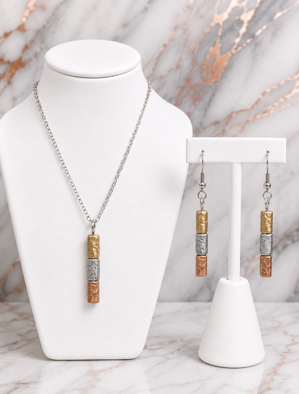 Gold, Silver & Bronze Bar Bead Necklace & Earrings Set
