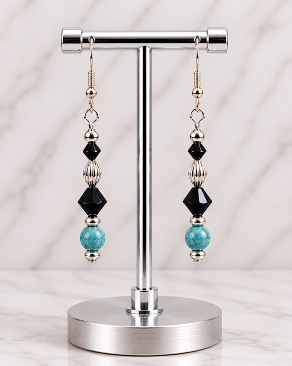 Black, Silver & Aqua Blue Round Dangles