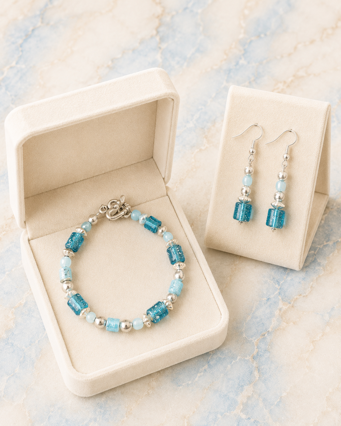 Aqua Cube Bead Bracelet & Earring Set