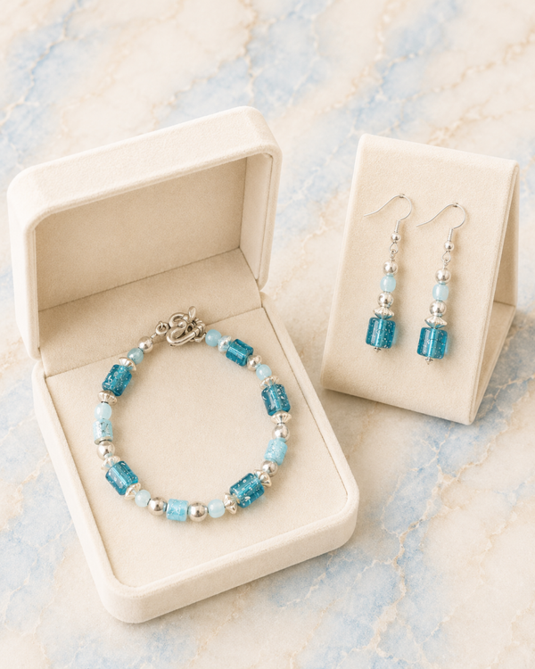 Aqua Cube Bead Bracelet & Earring Set