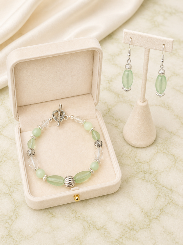 Pastel Mint & Opalescent Bead Bracelet & Earring Set