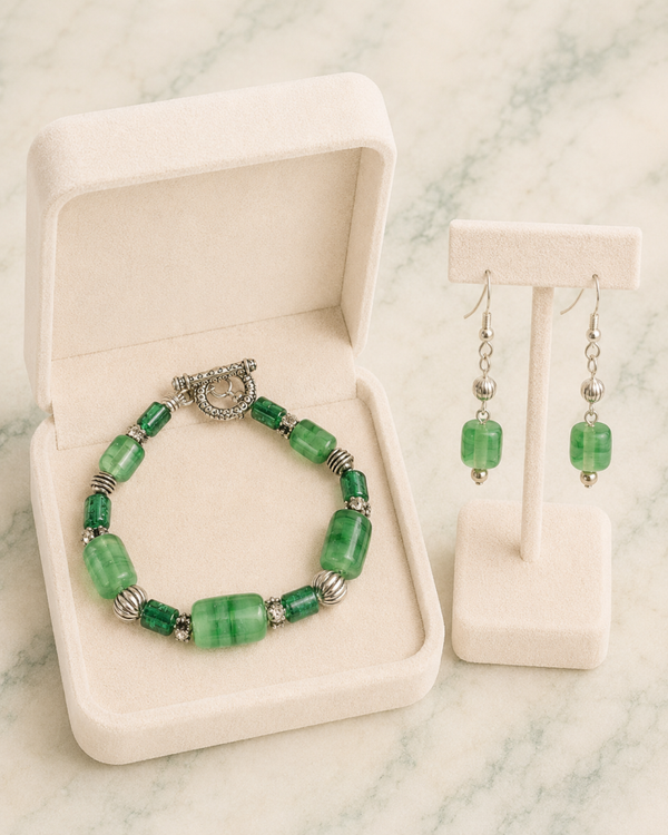 Seafoam & Emerald Bead Bracelet & Earring Set