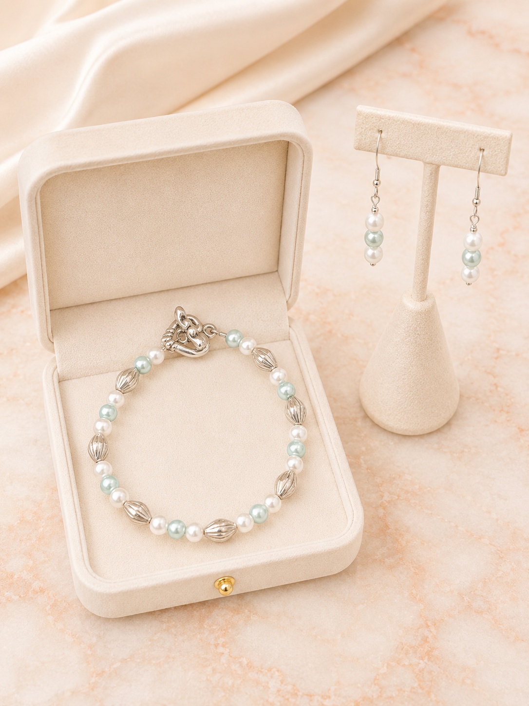 Frosted White, Blue & Silver Glass Bead Bracelet + Earrings