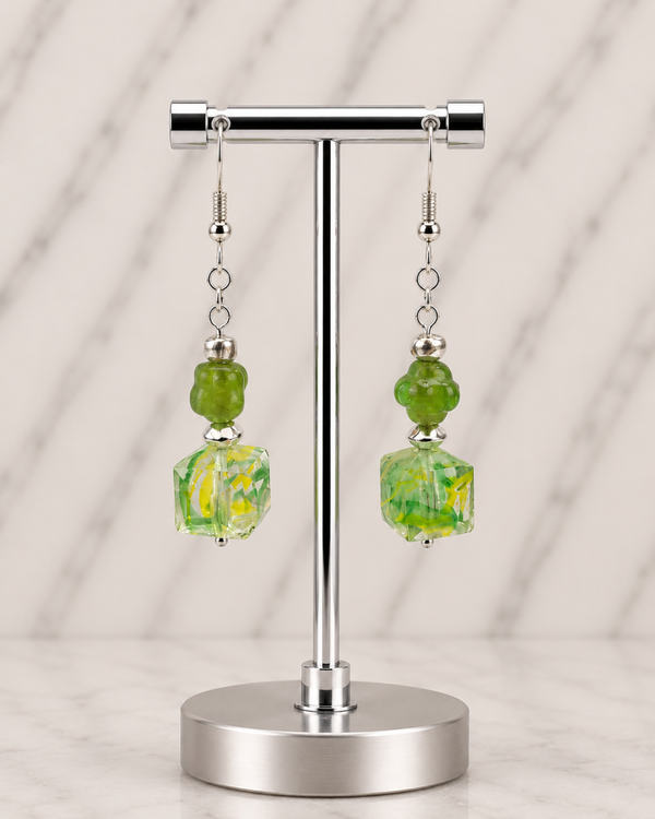 Lime Cube Glass Beads with Textured Accents