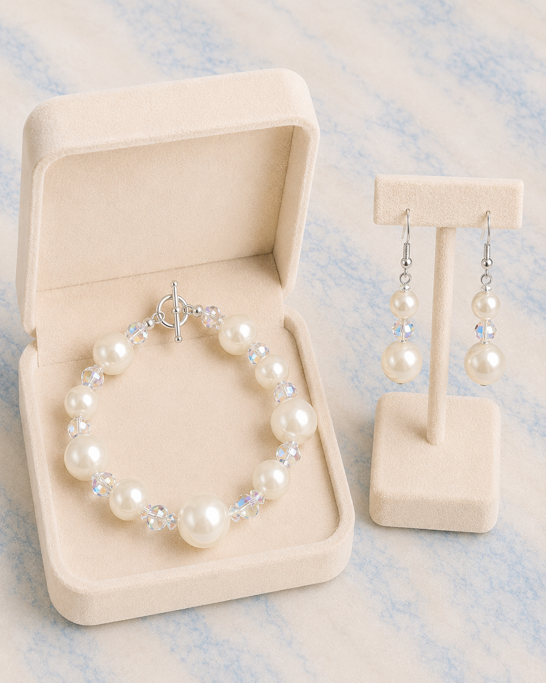 White Pearl & Iridescent Crystal Bracelet & Earring Set
