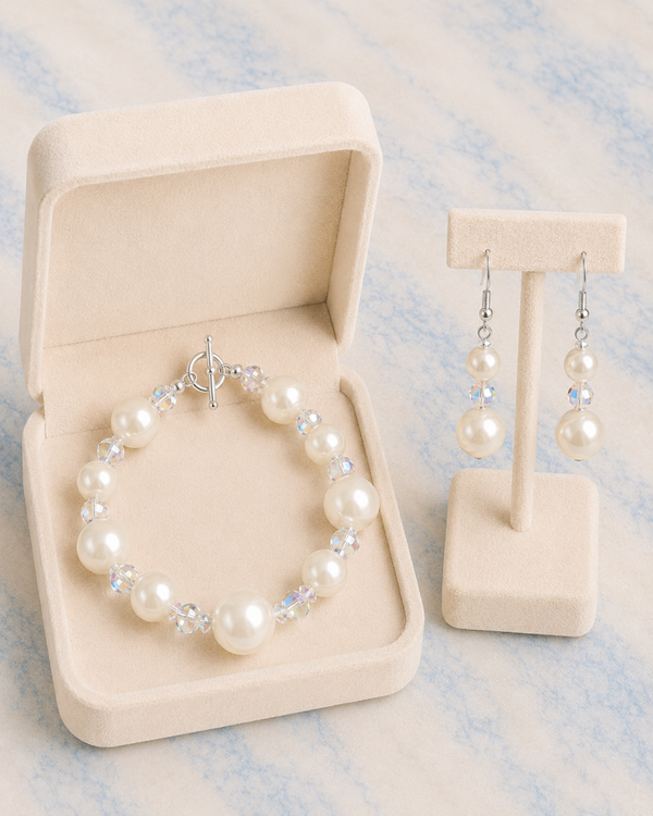 White Pearl & Iridescent Crystal Bracelet & Earring Set