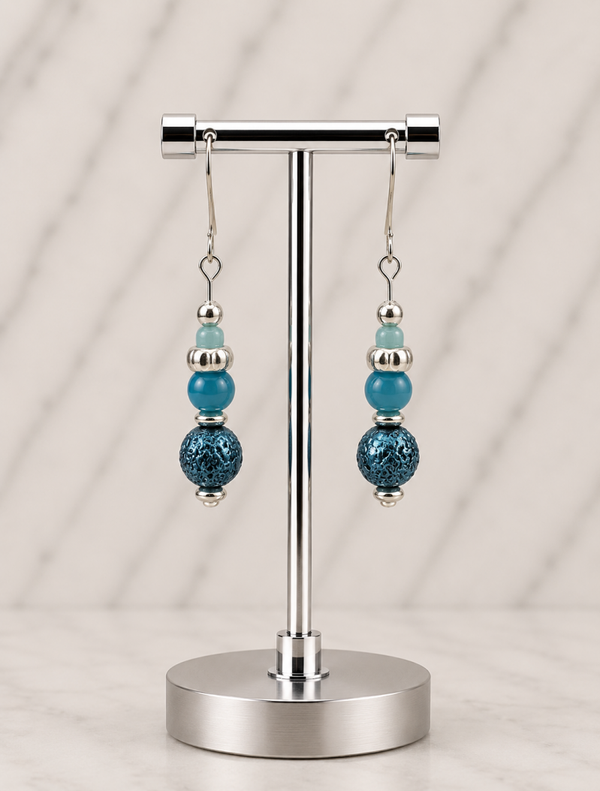 Aqua & Silver Beaded Drop Earrings