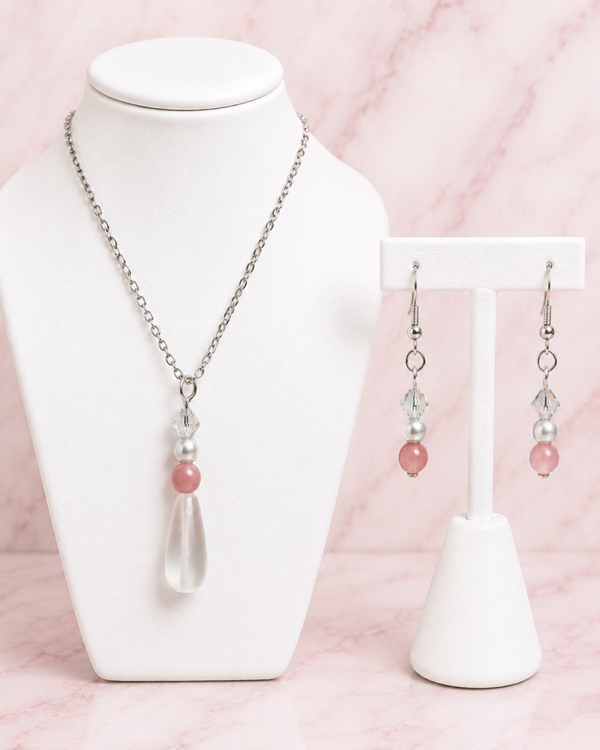 Rose & Crystal Teardrop Necklace & Earrings Set