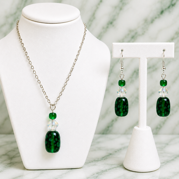 Deep Emerald Green Glass Necklace & Earrings Set