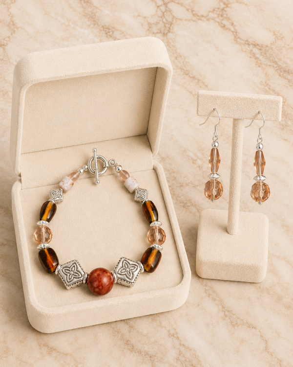 Amber Brown Glass & Silver Bead Bracelet & Earring Set