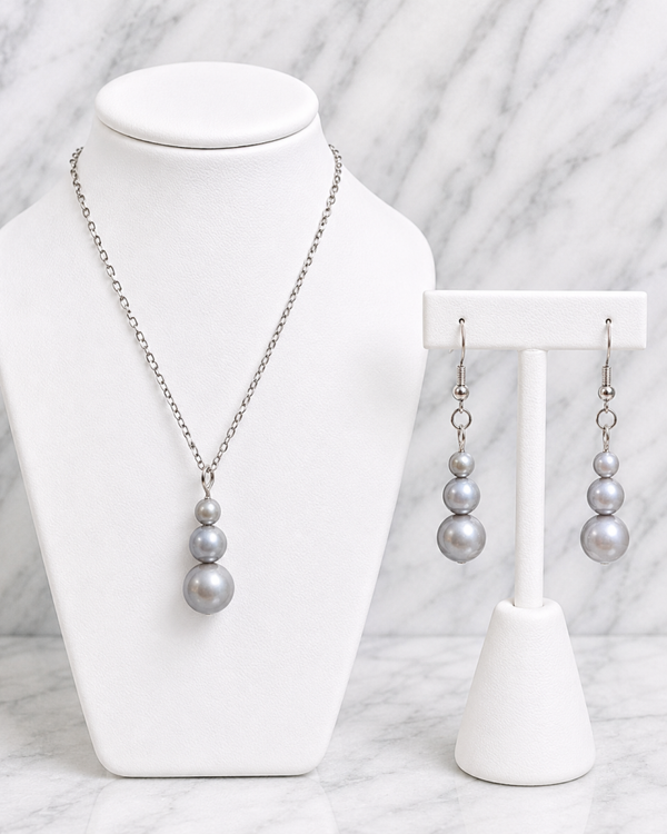 Classic Silver Pearl Drop Necklace & Earrings Set