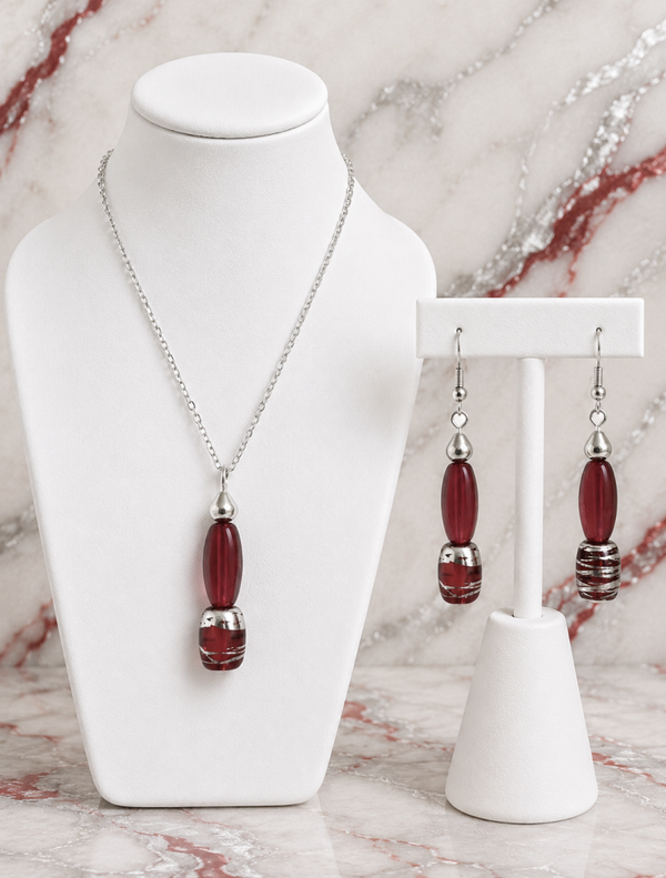 Red Oval & Striped Glass Bead Set